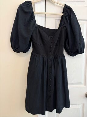 Anthropologie MAEVE Black Puff-Sleeve Smocked Mini Dress